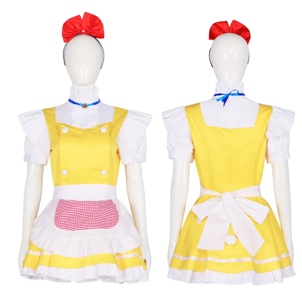 Yellow Sweet Maid Lolita Dress Apron Headgear Halloween Party Cosplay Costume Coffee Shop Waitress Cute Maid Short Dresses