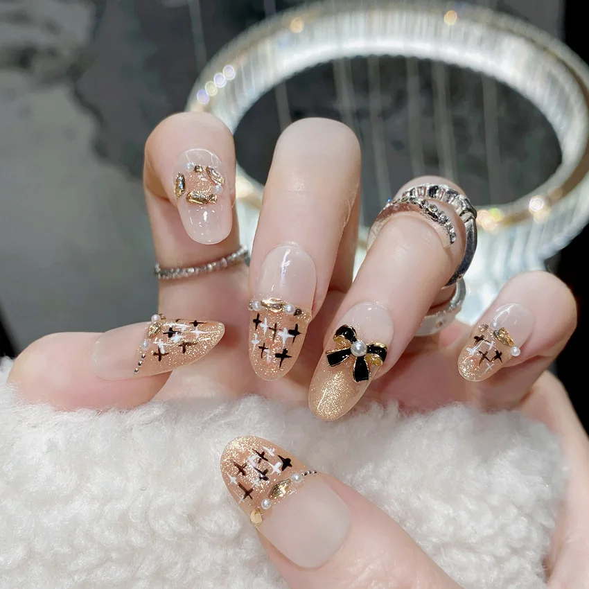 10 pçs artesanal imprensa em unhas outono inverno retro francês dicas de unhas falsas cobertura completa doce coreano senhora longo caixão unhas falsas