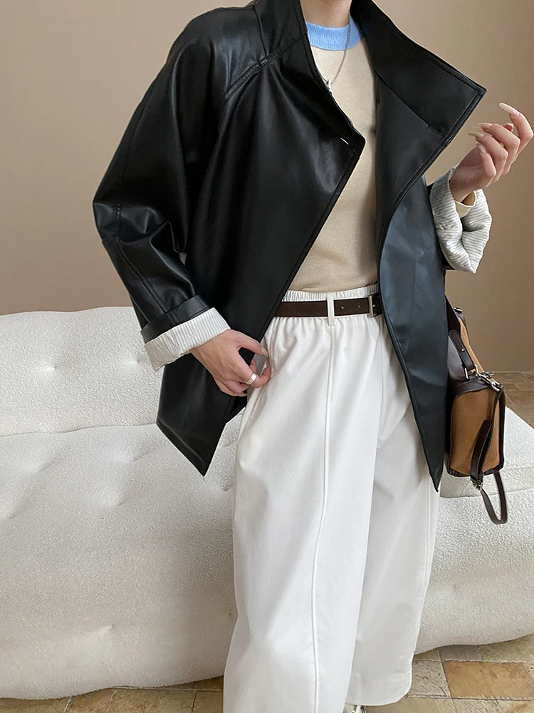 FANAN 黒革のジャケット女性のためのスタンドネックシングルブレストエレガントなコートオフィスレディ女性服 2025 秋新