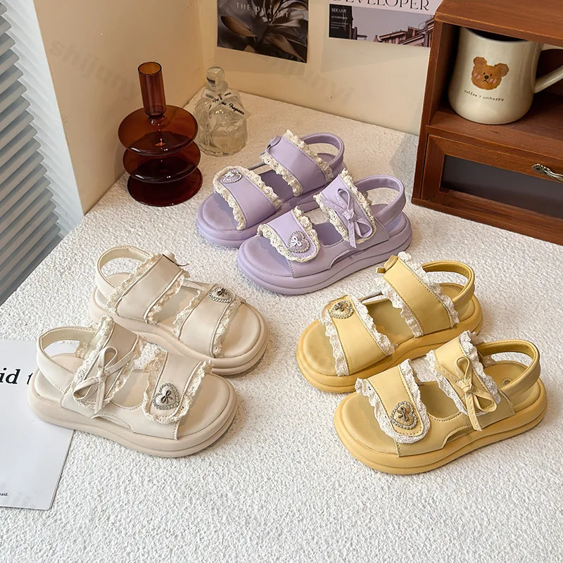 

Fashion Bow Lace Design Casual Sandals Girls' 2025 Summer New Open Toes Hollow Comfortable Versatile Back Strap Beach Cool Shoes