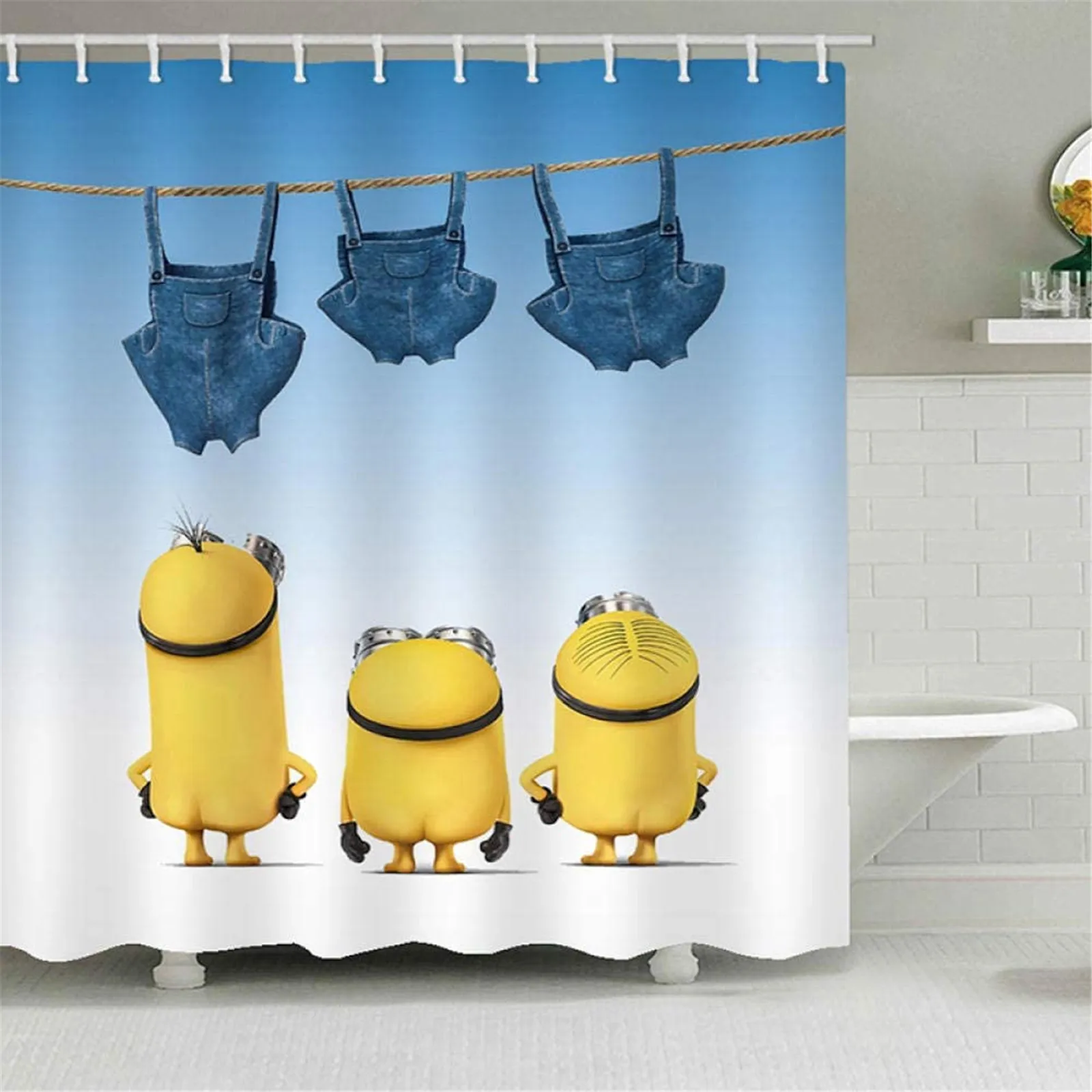 MINISO M-Minions Cartoon Colorful Shower Curtain 1pcs Waterproof Bath Screen Curtains with Hooks for Bathroom Decor