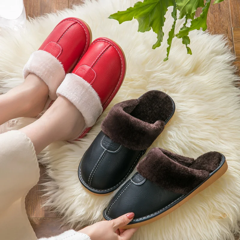 Cotton Slippers Autumn and Winter Home Women's Indoor Thick-soled Warm Household Leather Slippers In Winter