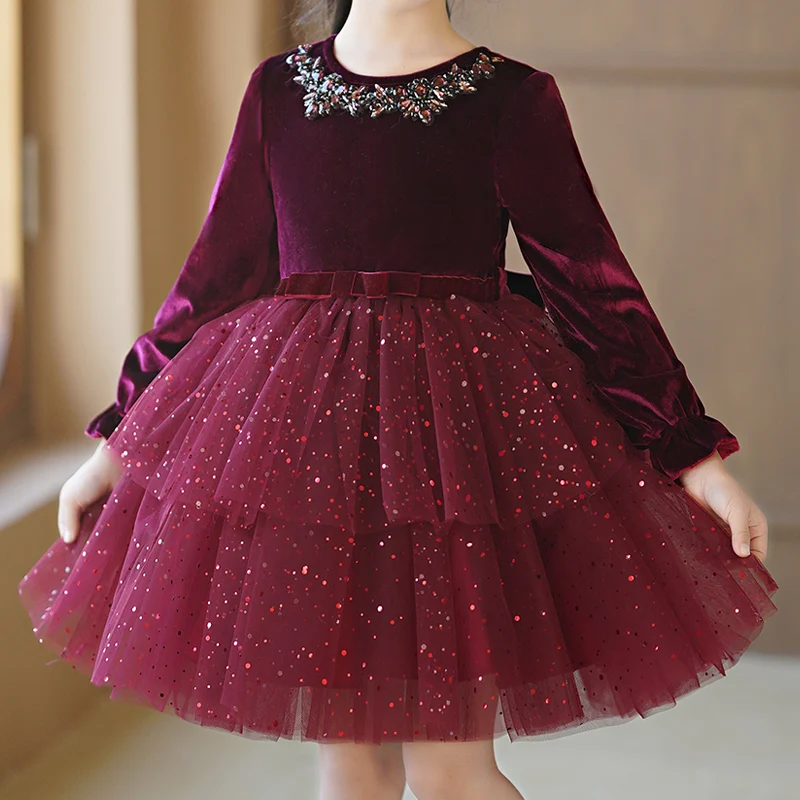 Girls' Autumn/Winter fleece dress dress wine red elegant mesh shaggy dress Christmas style #2213