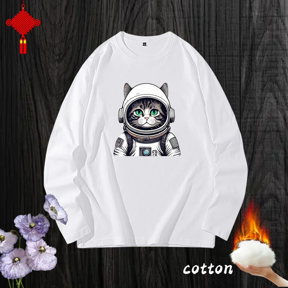 

Small in stature New T-Shirt Space Cat Long Sleeve cartoon Print Clothing Fashion Graphic Clothing pure cotton Winter 2024