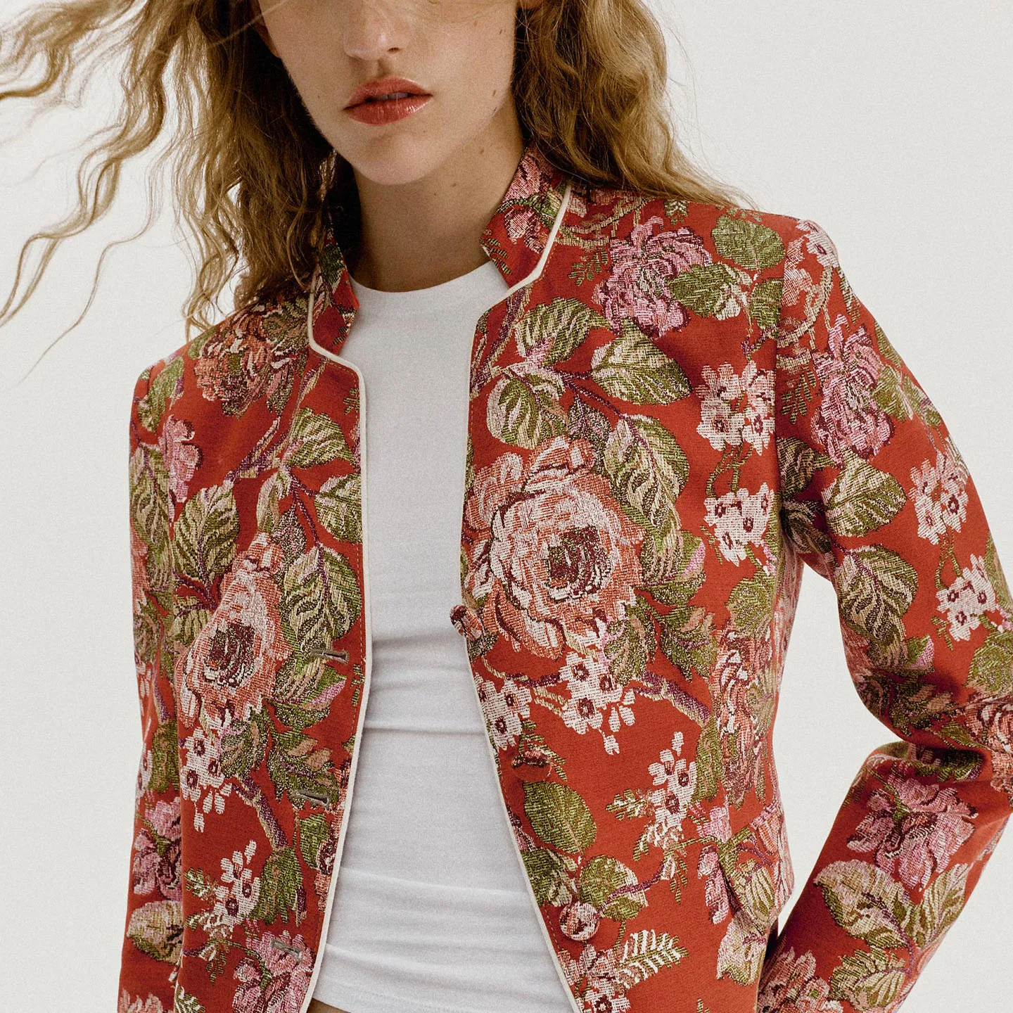 Women's Casual Style Long Sleeve Printed Suit Jacket Stand Collar Padded Shoulder Autumn Fashion Outerwear Short Length