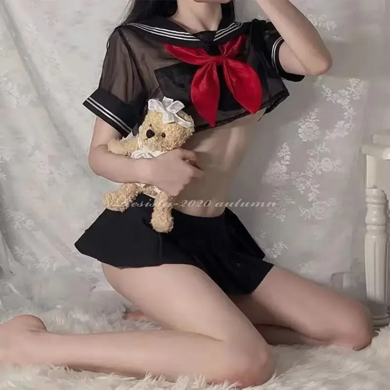 Halloween Exotic Costumes Sexy Schoolgirl Cosplay Outfit Mesh Cute Student Uniform Lingerie Perspective Bodysuit Mini Skirt