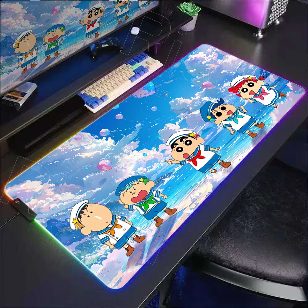 

Kawaii RGB Desk Mat Gamer Mousepads Crayon Shin-chan Pc Mouse Pad Office Large Mousepad Nonslip Mouse Mats for Computer Gift XXL