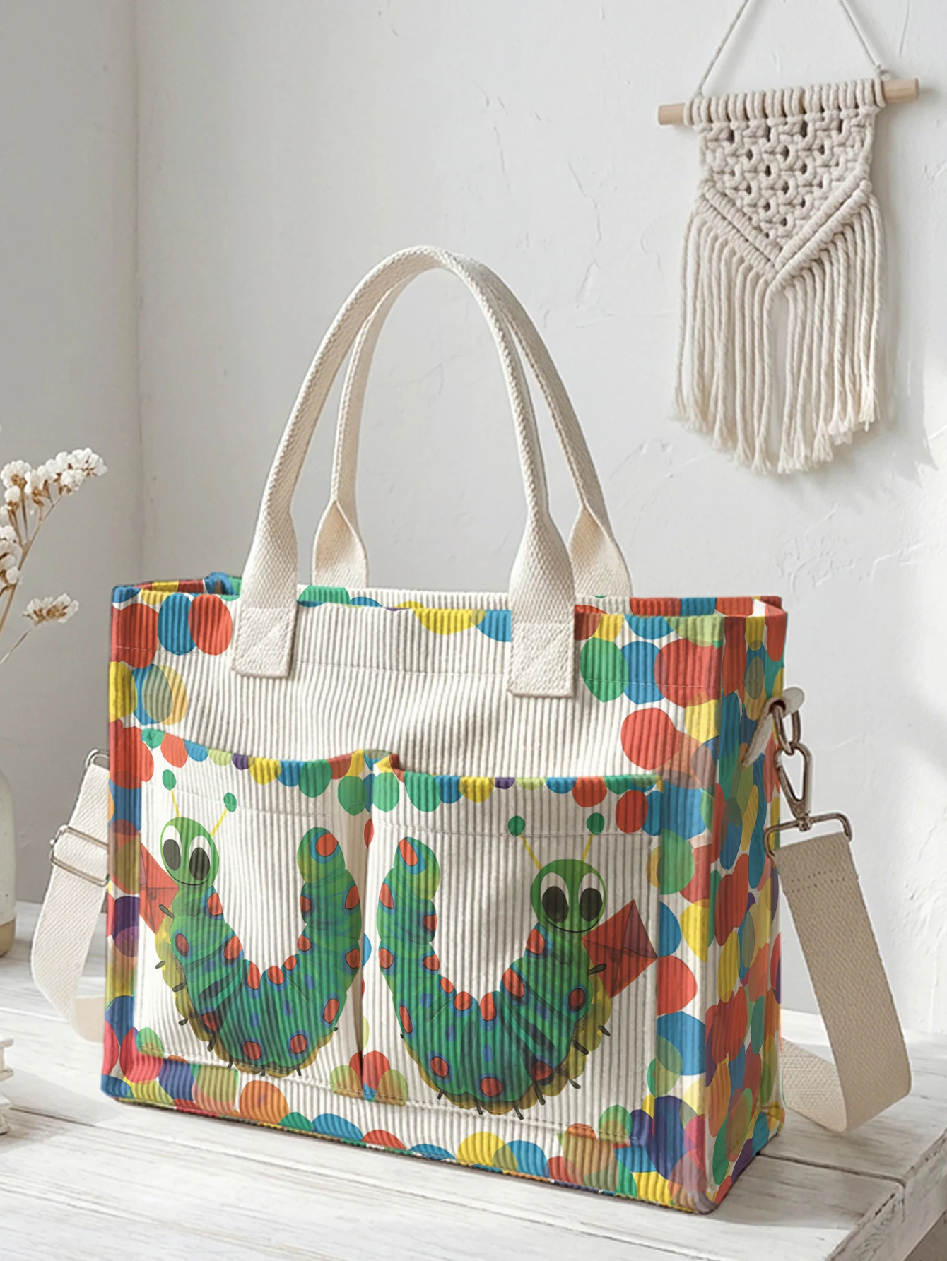 Cute Hungry Caterpillar Polka Dot Print Corduroy Tote Bag Large Capacity Multi Pocket Commuter Shoulder Bag