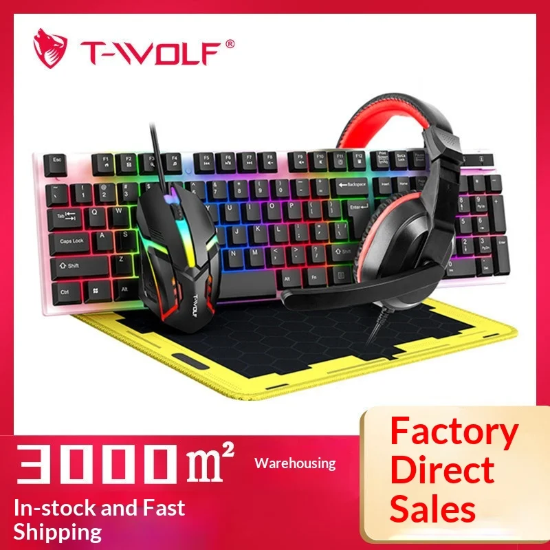 T-Wolf Tf240 4 In 1 Spanish Gaming Combo Rgb Backlit Keyboard Gaming Mouse Gaming Headset Mouse Pad For Pc Desktop Laptop Gamers