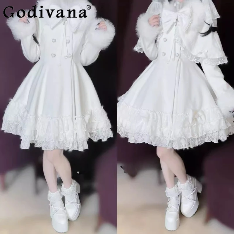 

Japanese Mine Lolita Goth Slim Long Sleeve Long Winter Woolen Coat Women High-end Removable Cape Fur Collar Lace Cross Jacket