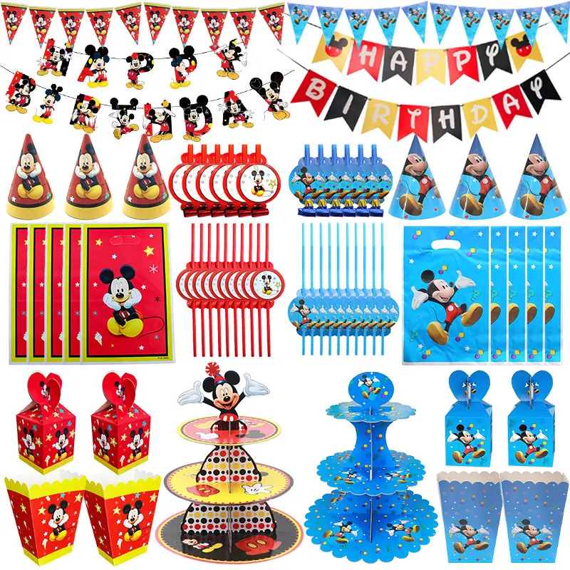 Mickey fête faveurs gâteau Topper cadeau sac bannière suspendus paille verre soufflant pop-corn boîte à bonbons autocollant ballon ensemble fournitures de fête