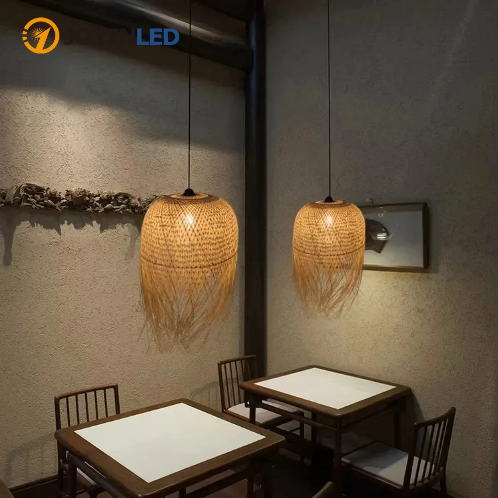 

Chinese Style Bamboo Lamp Shade Hand Woven Chandelier E27 Pendant Lamps for Home Dining Table Room Led Lights Fixture Decoration