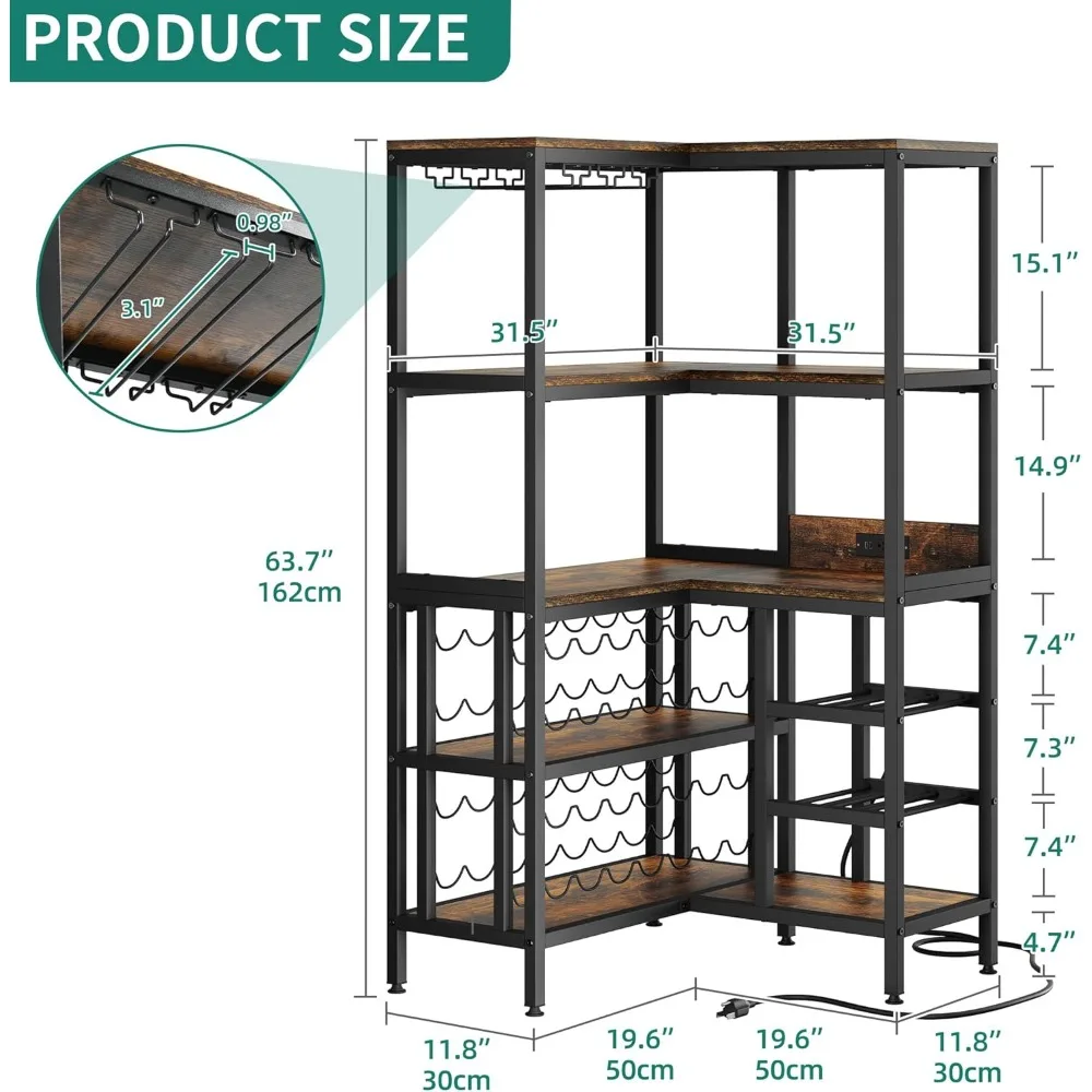 Large Corner Wine Rack, 63'' Corner Bar Cabinet with Power Outlet and LED Light, 5-Tier L Shaped Industrial Liquor Cabinet