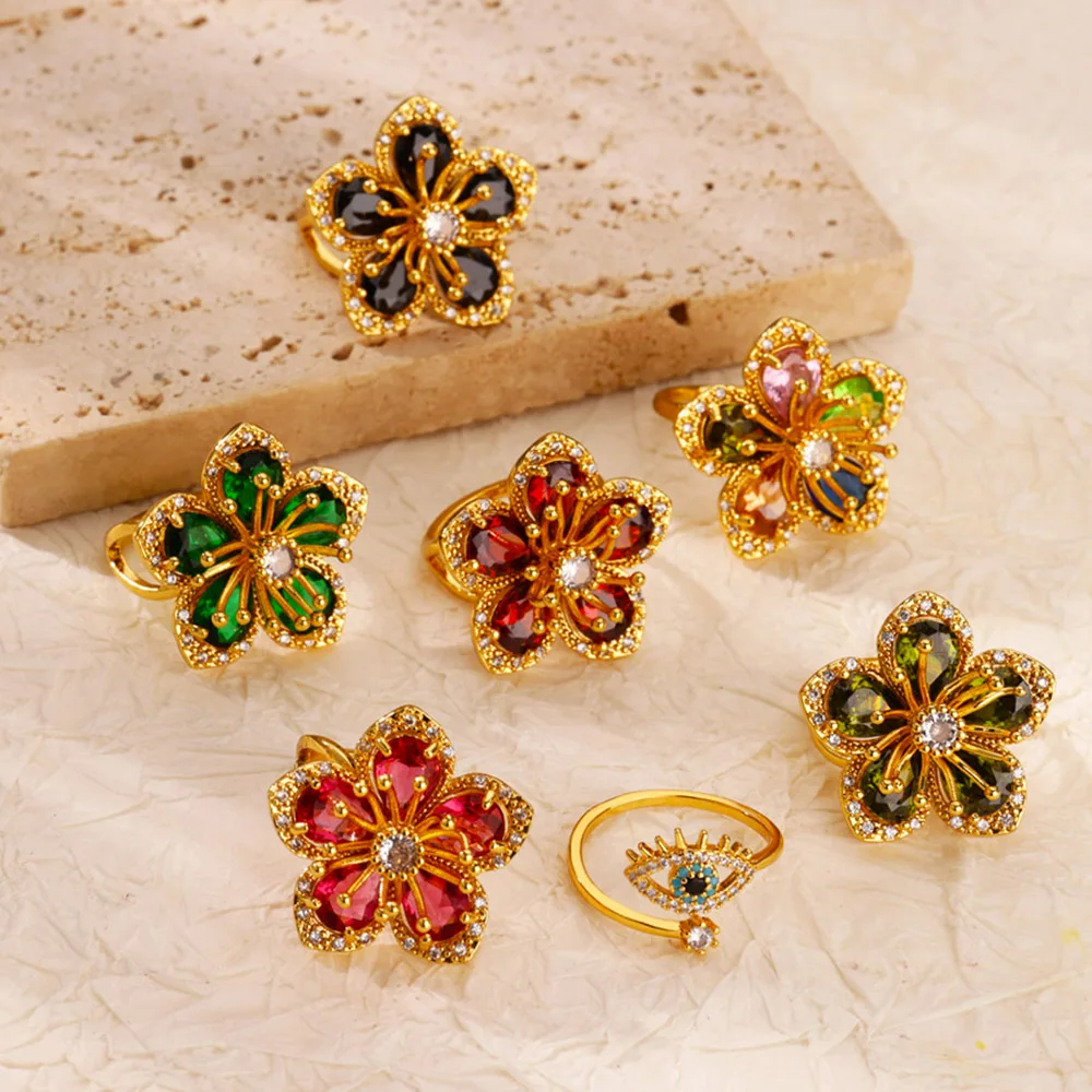 Green Zircon Flower Rings For Women Gold Color Stainless Steel Flower Floral Ring Elegant Luxury Wedding Aesthetic Jewelry Gift