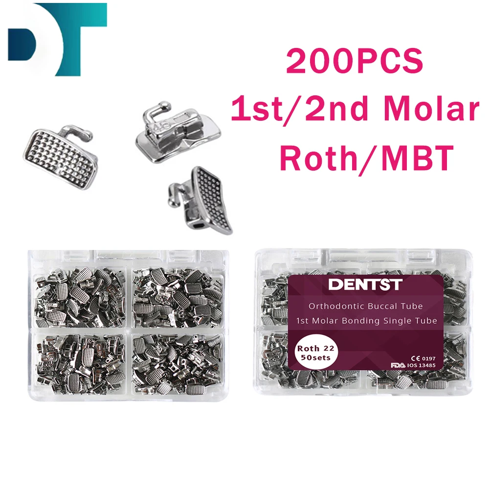 50Sets/200pcs Dental Orthodontic 1st 2nd Molar Bondable Monoblock Non-Convertible Tube 0.022 Roth MBT Buccal Tube ortodoncia