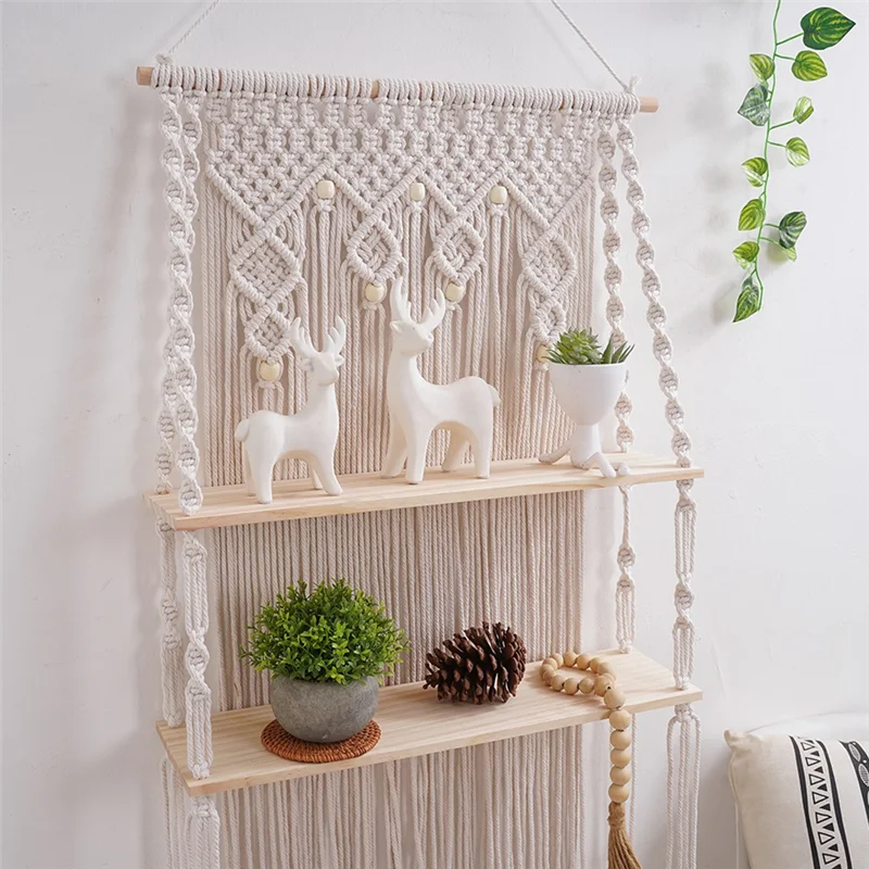 

ALIM-Wall Hanging Shelves Macrame Boho Floating Plant Photos Storage Rack Wood Shelf For Bedroom Living Room Bathroom