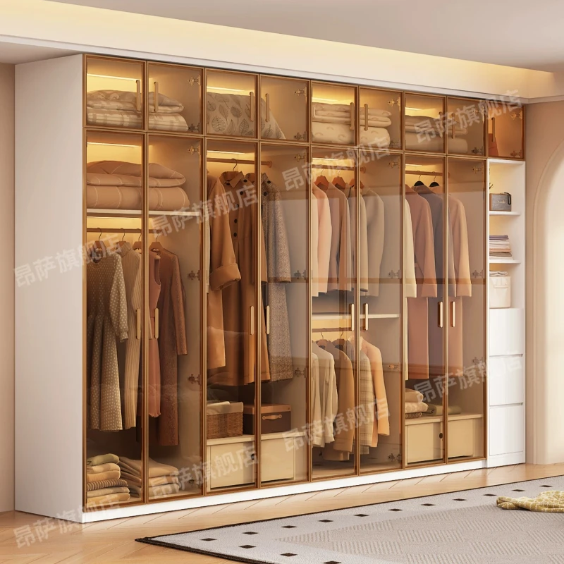Minimalist Modular Spliced Clothes Armoire Customizable Size Solid Wood Storage Wardrobe with Transparent Display Glass Panels