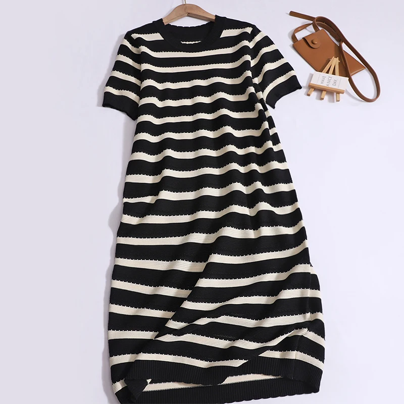 Striped Knit Dress Women's Summer Loose T-shirt Dress Fashion Casual Crew Neck Short-sleeved Dresses