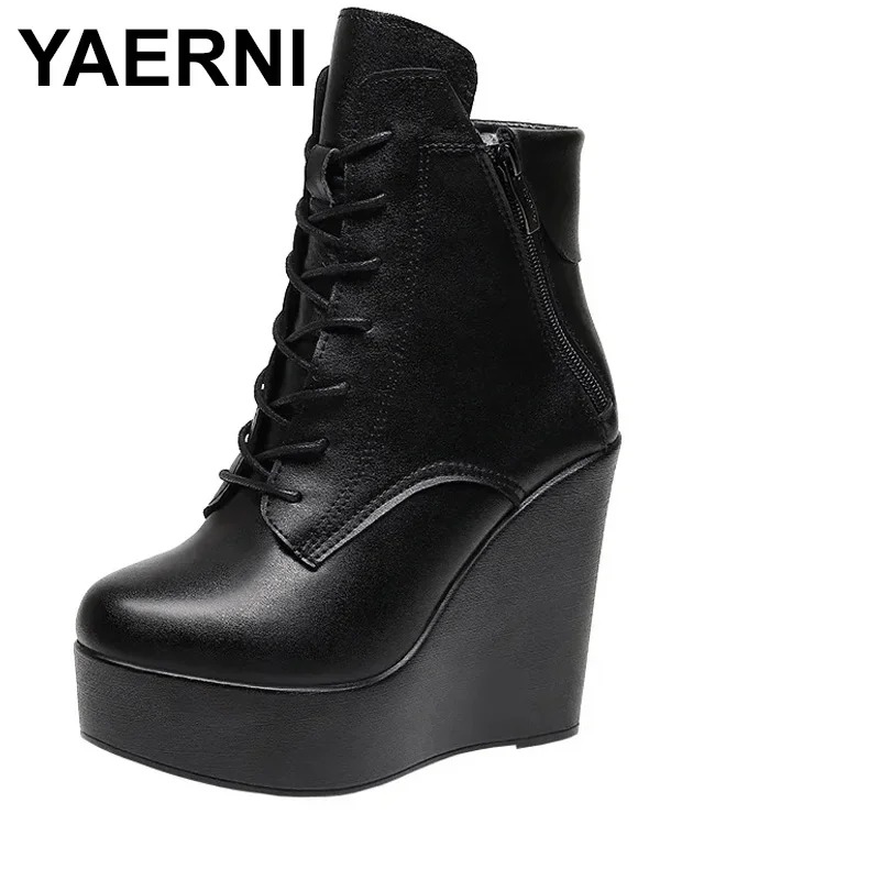 Women Genuine Leather Ankle Boots Winter Female Plush Snow Boots Platform Wedge Boots Women\'s High Heel Shoes Size 34-43