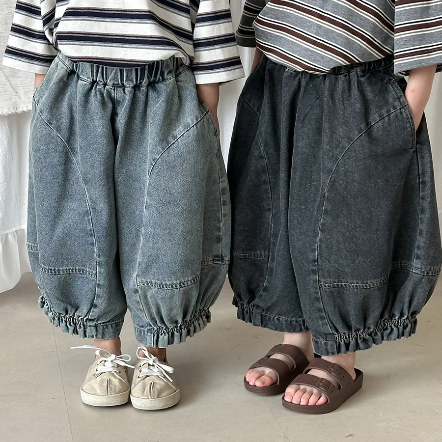 

2026 Summer Unisex Kids Vintage Washed Denim Capri Pants Loose Thin 7/8 Trousers Casual Breathable Toddler Daily Stylish Bottoms