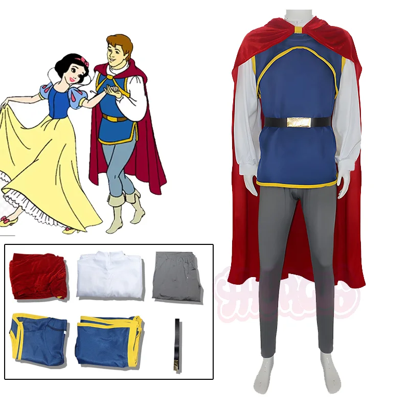 Disfraz de Cosplay para Hombre Adulto, Príncipe de Blancanieves, Traje para Actuación Escénica, Camisa + Chaleco + Pantalones + Capa + Cinturón