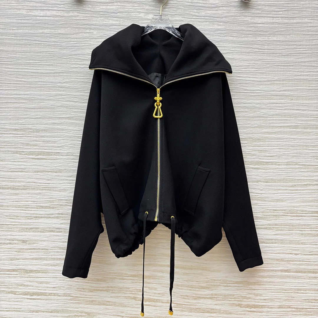 

2025 New Autumn Fashion Oversized Loose Sweatshirt Women Gold Hole Zipper Big Lapel Batwing Sleeve Streetwear Cool Black Jacket