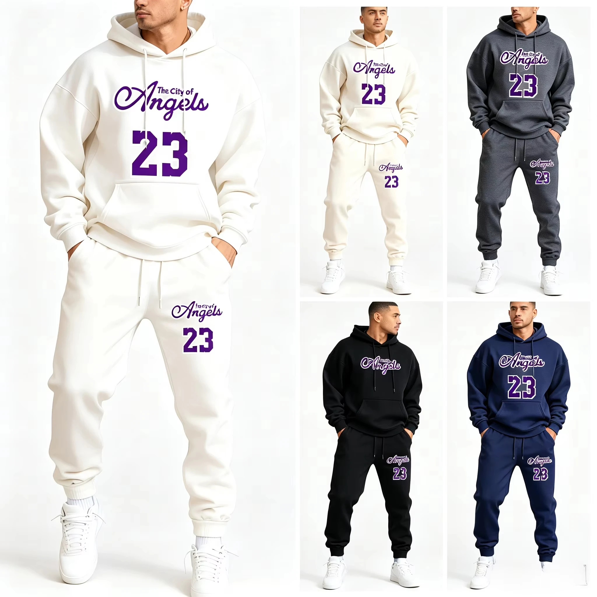 Conjunto de sudadera con capucha para hombre, diseño «The City Of Angeles Number 23», ideal para parejas, compuesto por dos piezas, ropa deportiva de moda, corte holgado y con bolsillos.