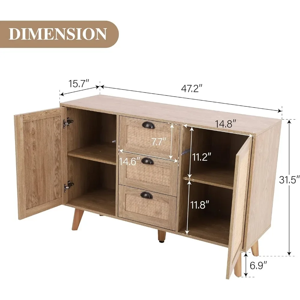 

Rattan Cabinet - Sideboard Buffet Cabinet/Accent Cabinet with Doors and Drawers, Rattan Console Table