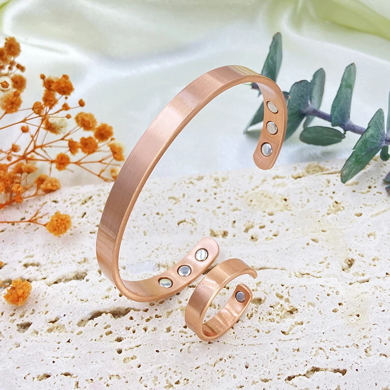 Set Pure Copper Bracelets and Rings for Women Men Simple Cuff Magnetic Bangles Arthritis Health Solid Copper Jewelry