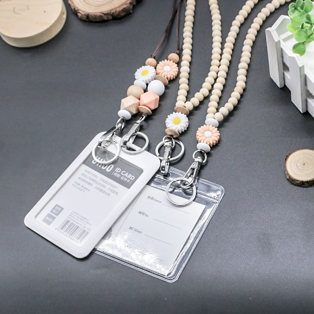 Fashionable Card Holder Straps Handmade Wooden Bead Long Lanyard Keychain Mobile Phone Card Holder
