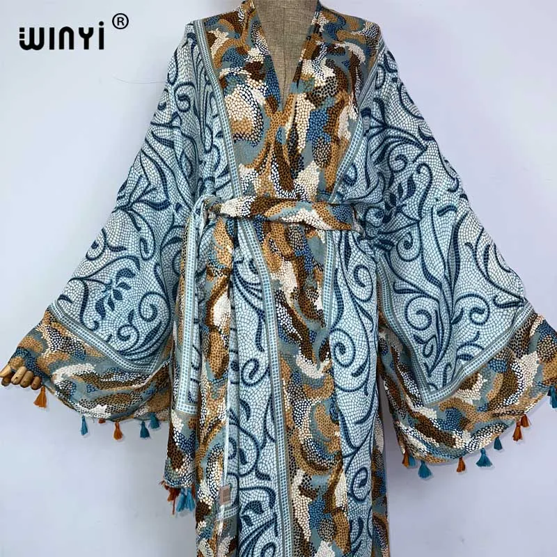 WINYI-Kimono de plage à manches longues avec ceinture, imprimé abstrait, cover-up pour bikini, cardigan sexy pour vacances, sensation de coton, robe maxi, été