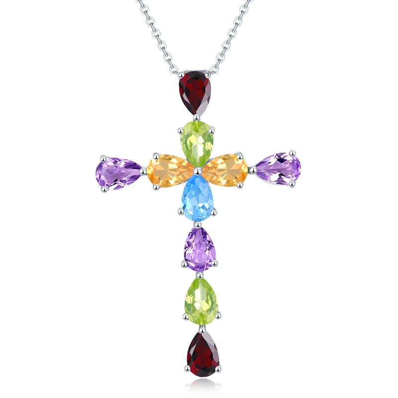 

Gemstone Cross Shape Necklace Pendant for Women 925 Sterling Silver Real Natural Garnet Amethyst Citrine Topaz