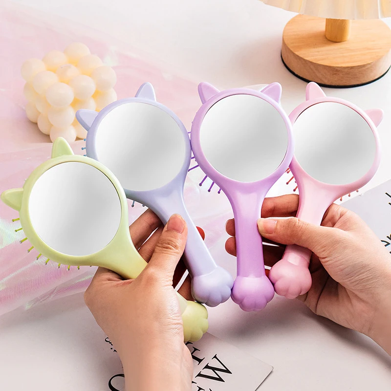 Mini Cat Ear Massage Airbag Hair Brush With Makeup Mirror Cartoon Hairdressing Comb For Girls