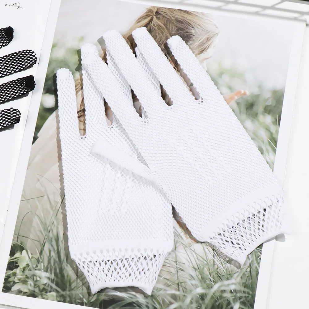 Guantes de malla a prueba de rayos Uv para mujer, manoplas de encaje de dedo completo, moda de verano, blanco y negro