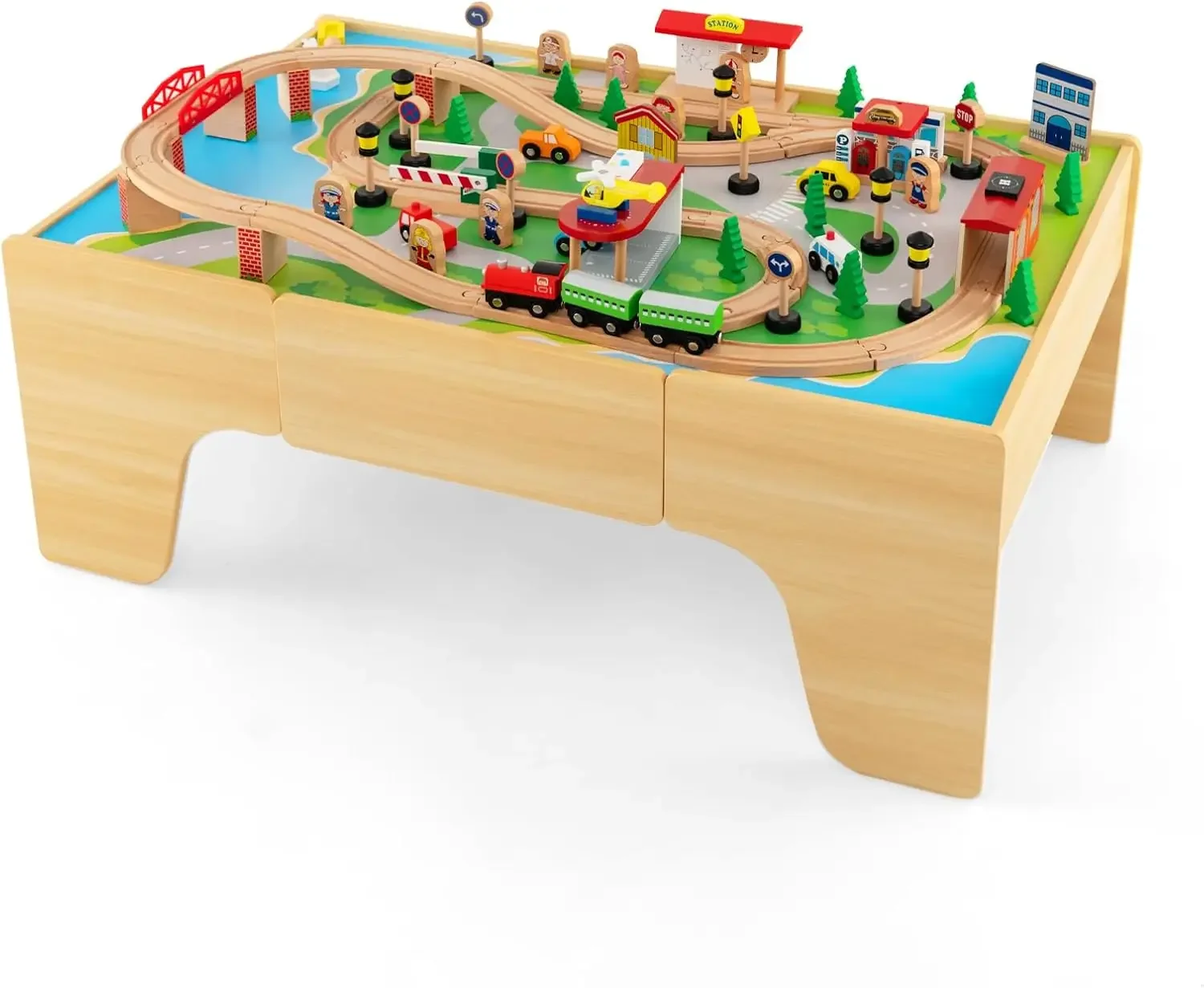 Wooden Kids Activity Table with Storage, Train Table, 84 Multicolor Pieces, Cars, Gift for Boys Girls Ages 3+ (Natural)