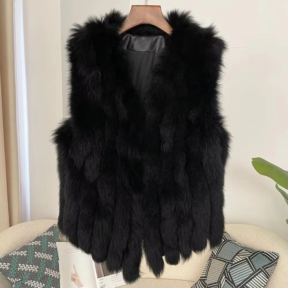 여성용 진짜 여우 모피 재킷, 민소매 천연 가죽 조끼, 두껍고 따뜻한 코트, 양면 우아한 브이넥 재킷, 2024 겨울