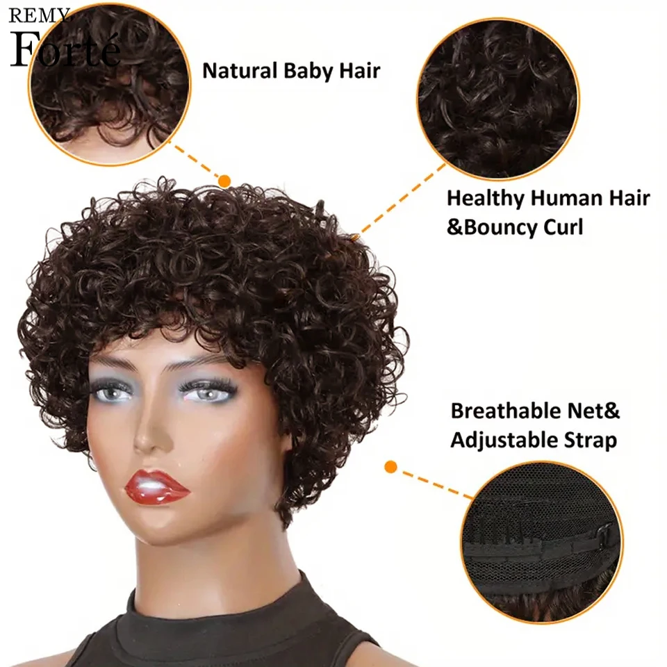 Remy Forte Pixie Cortou Perucas de Cabelo Humano Curly Bob para Mulheres Negras, Curto Afro Kinky, Máquina Completa Feita