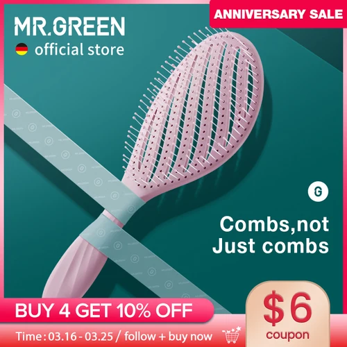 Imagen 1 del producto MR.GREEN-cepillo de pelo hueco para el cuero cabelludo, peines de masaje para el cabello, desenredante de peinado, herramienta de desenredado de secado rápido, cabello rizado húmedo y seco
