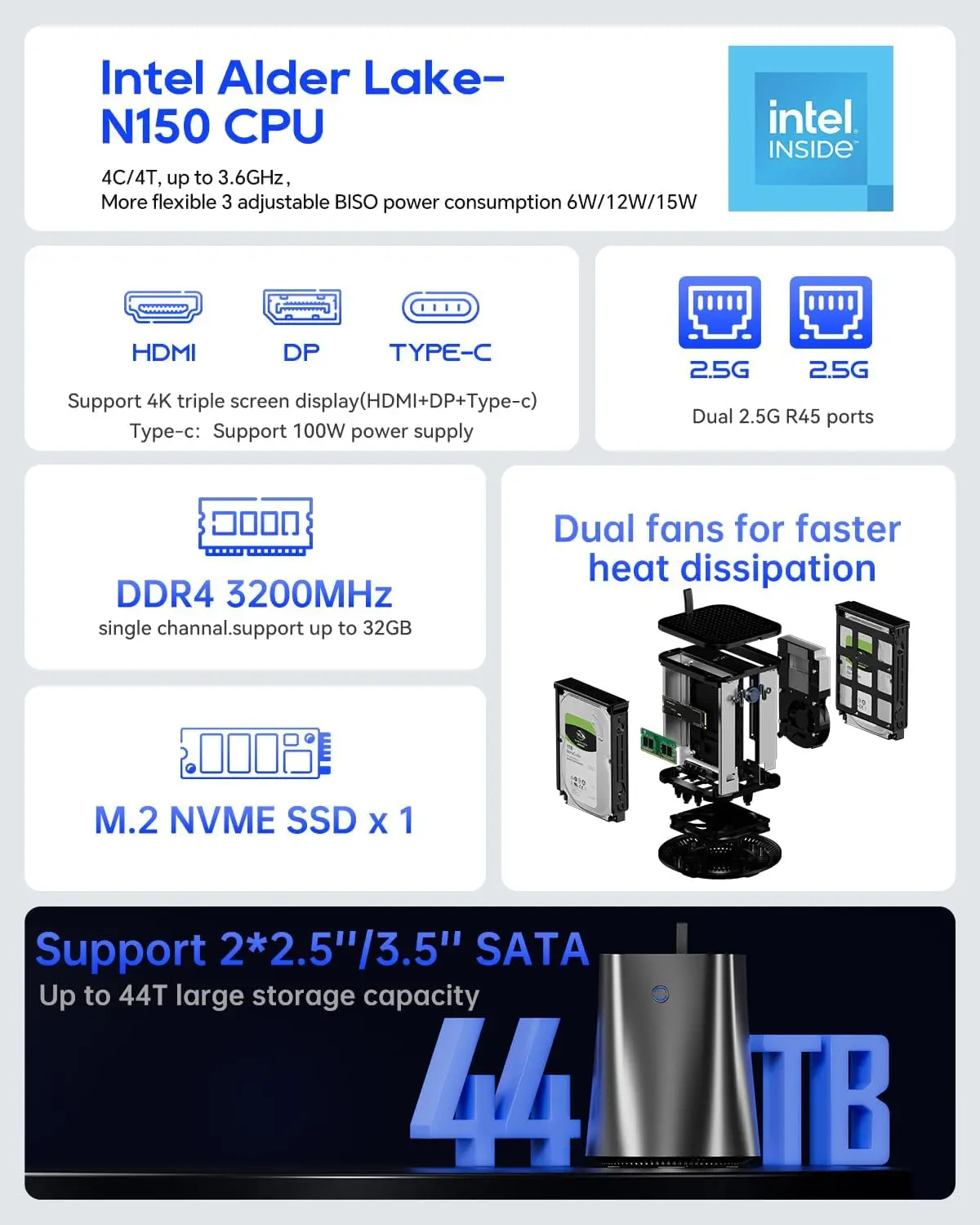 AOOSTAR WTR R1 Mini PC Intel N150 Dual 2.5G LAN Soft Router/NAS/VM Suporte OpenWRT/pfSense/Windows11 Silenciosa de baixa potência