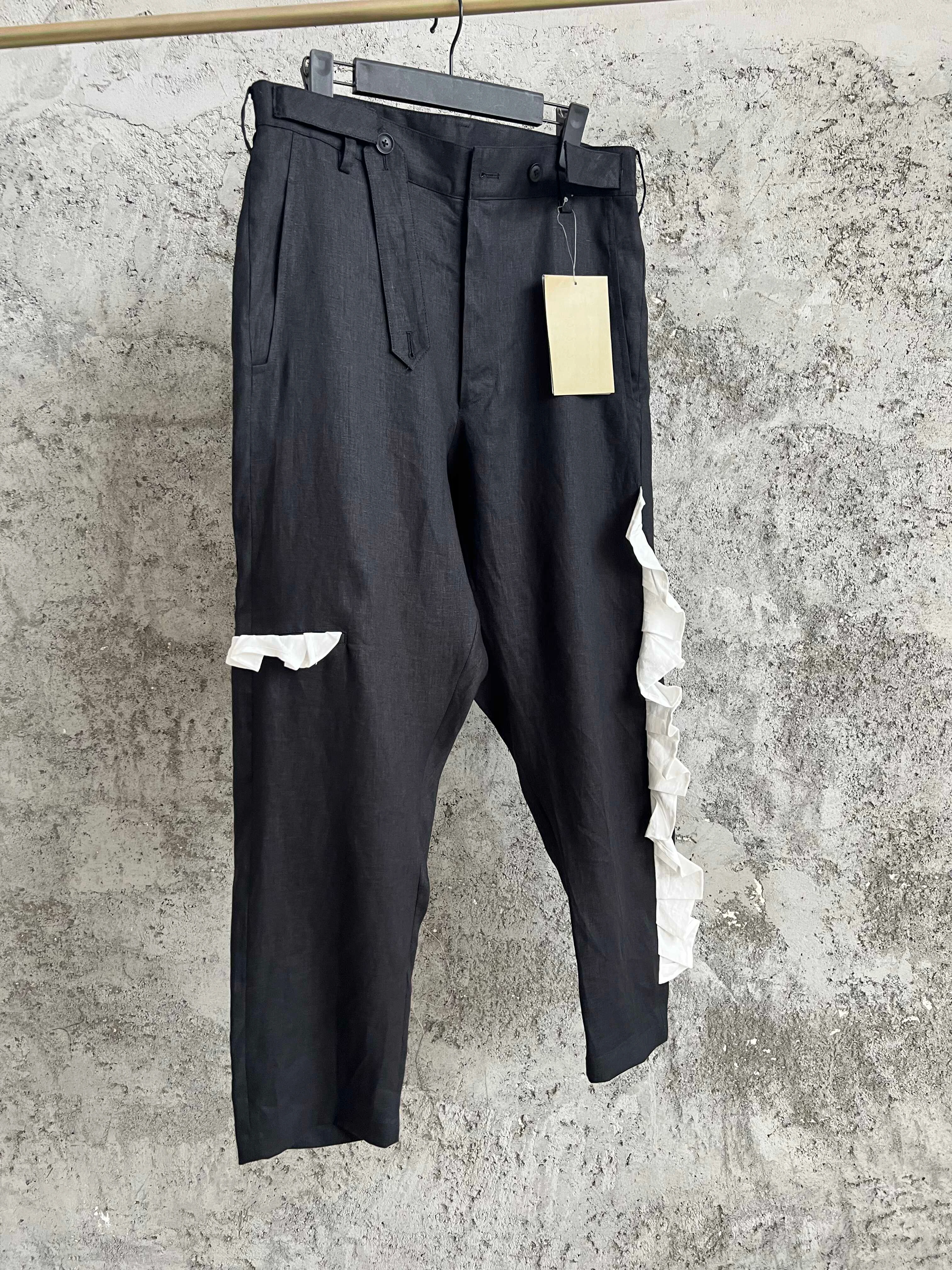 TOP-YAMAMOTO original dark design sense white patchwork linen casual pants asymmetrical loose long pants