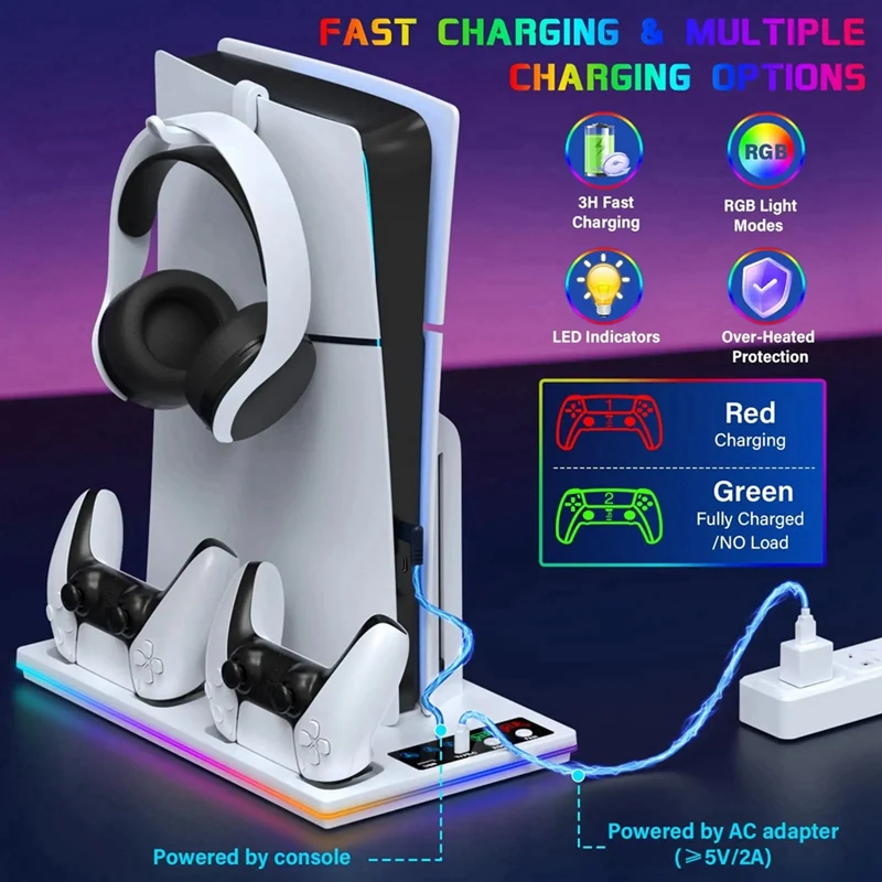 

A04R Heat Dissipation Bracket Base with RGB Lighting for PS5 Double Handle Handle Charging Block for PS5/SLIM/Pro Host White