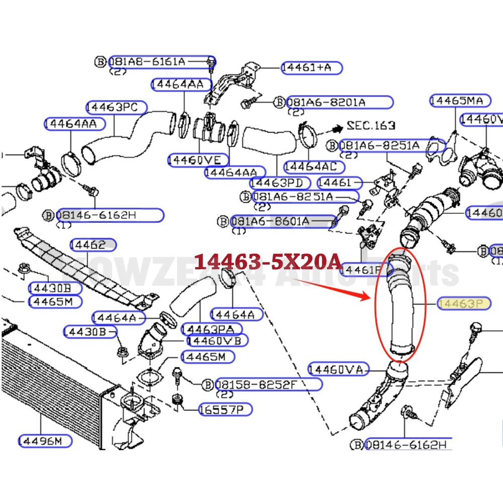 Inter Cooler Air Inlet Hose for Nissan Navara D40 Pathfinder R51 V9X 2010- 14463-5X20A 14463-5X20C