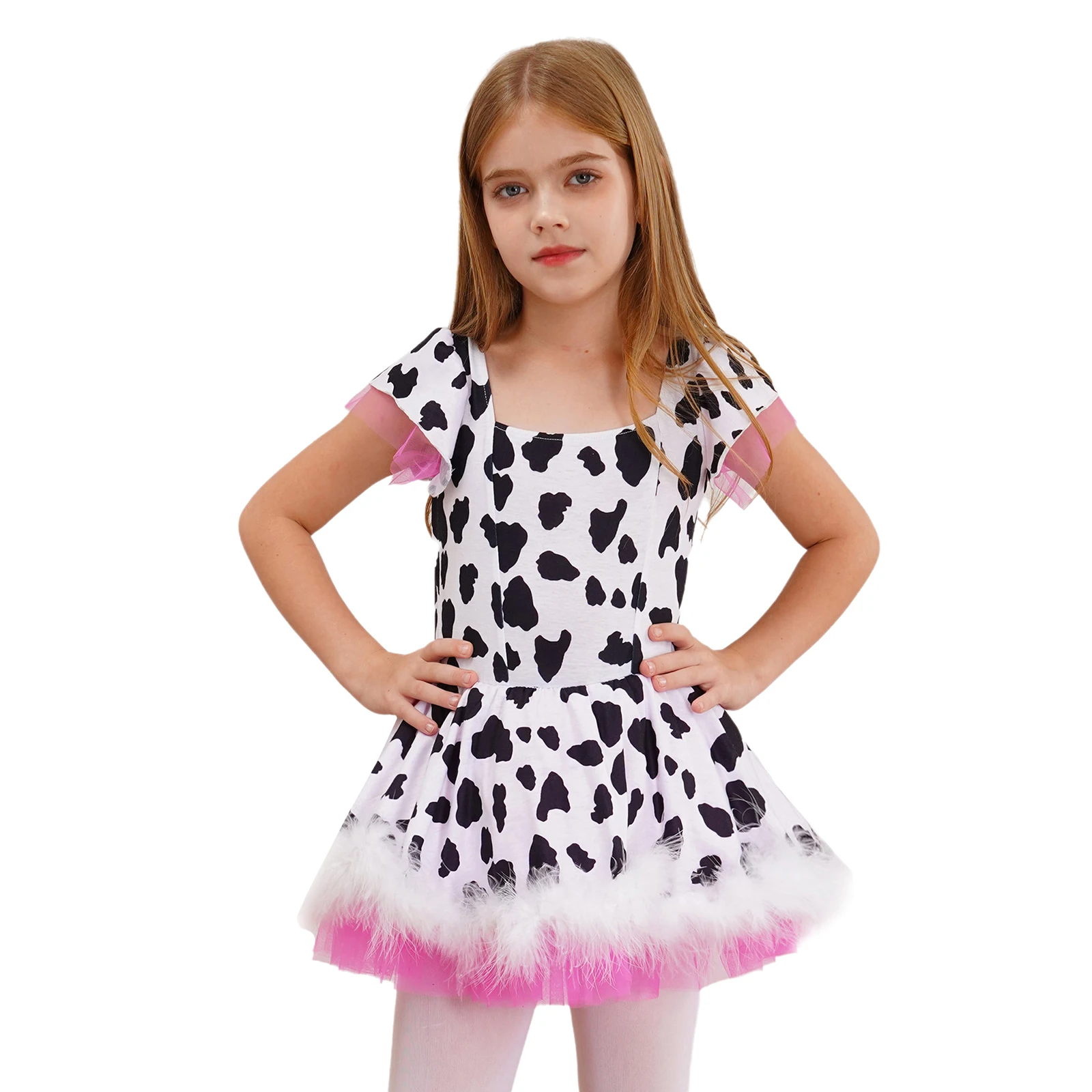 Kids Cowgirl Costume Girls Cow Prints Short Sleeve Plush Tutu Dress Leotard for Halloween Western Rodeo Dress Up Party Carnival