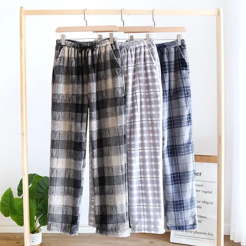 

New Autumn AndWinter Flannel Men's Pajama Pants Trousers Plus Velvet Thickened Lattice Home Pants Sleep Wear Men Large Size