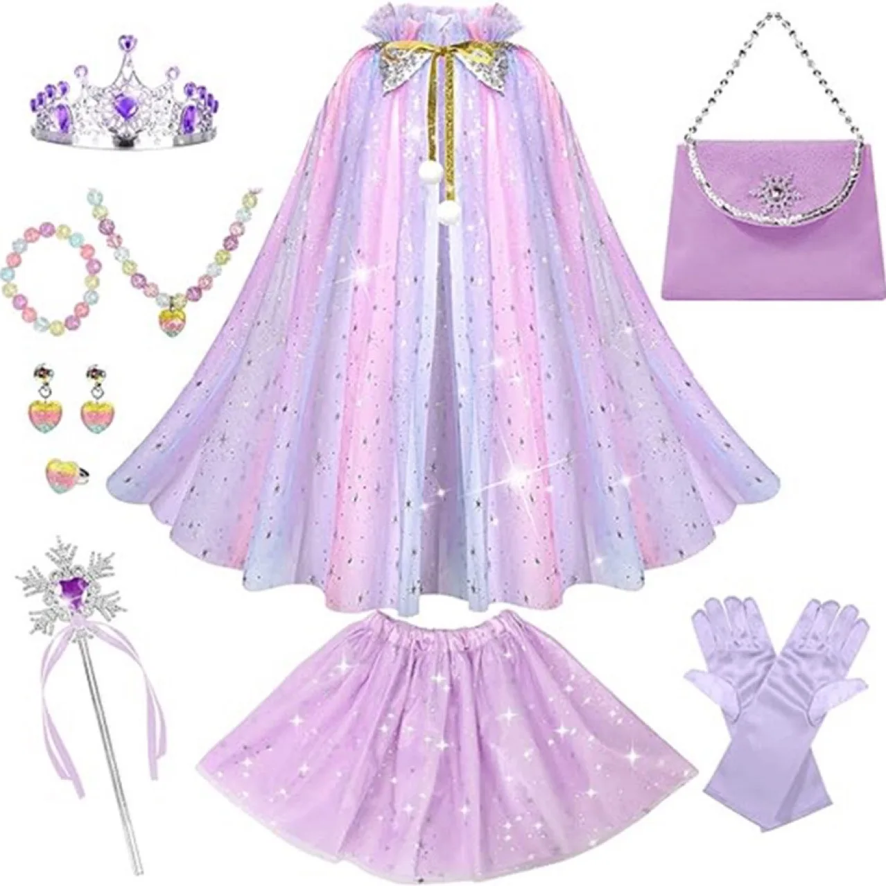 Cosplay Princess Costumes for Kids Queen Dress Mesh Cape Short Skirt Cloak Girls Headwear Accessories Set Bag Crowns Wand Party