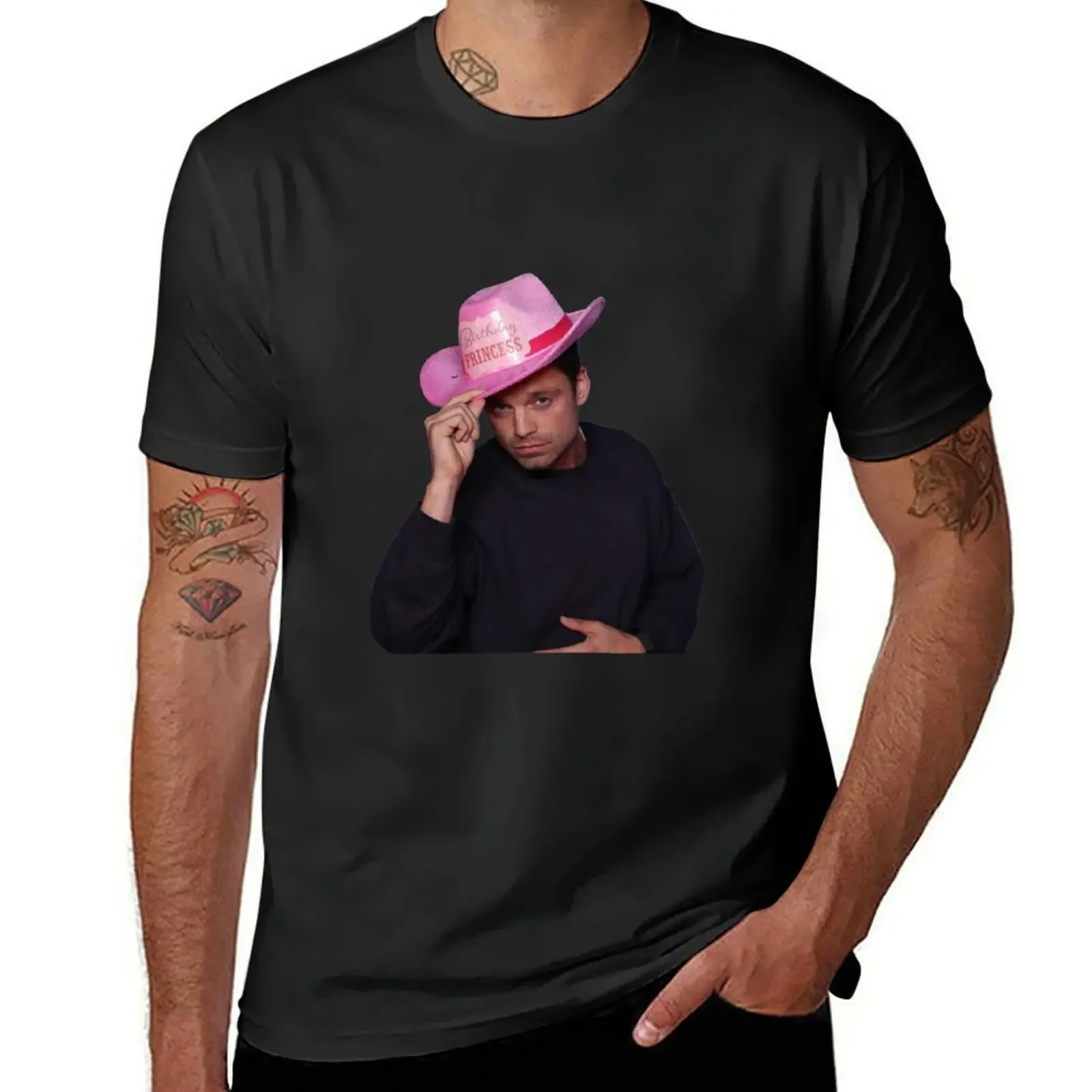 

Yee Haw! Sebastian Stan with Pink birthday Princess Cowboy Hat T-Shirt korean fashion t shirt men