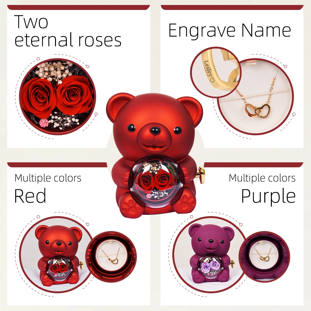 Special Two-Eternal Rose Flowers Teddy Bear Necklace with  Names for Women Daughter Gift  Birthday Valentine's Day, Mother's Day