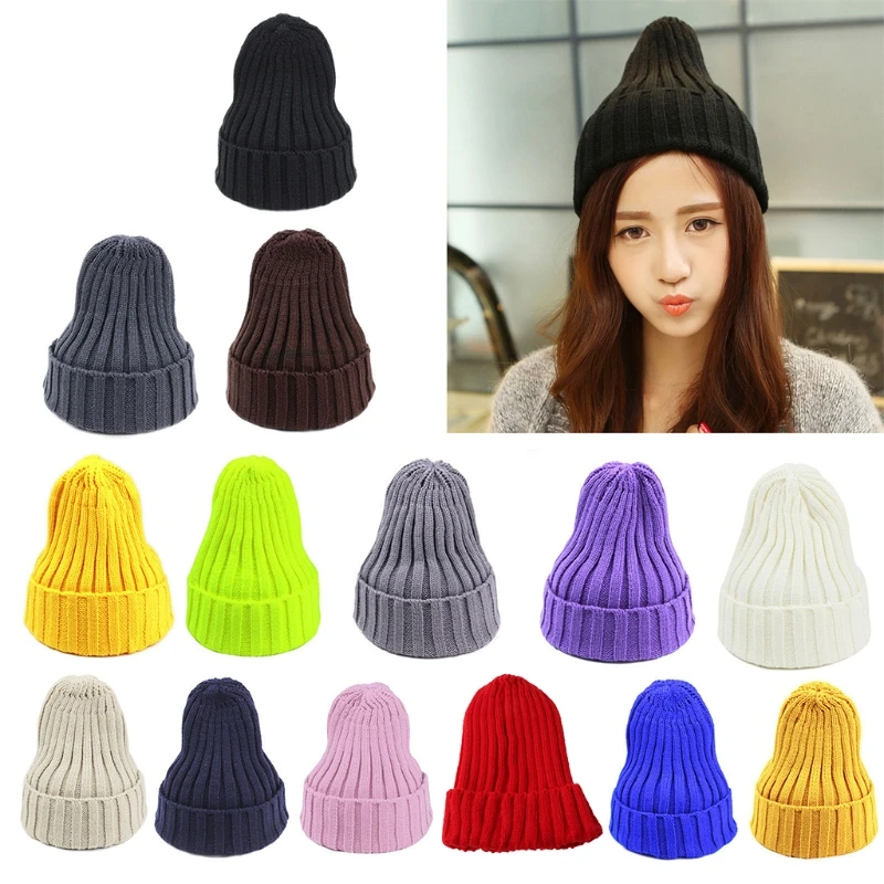 Unisex Winter Ribbed Knit Pointed Beanie Hat Solid Color Cuffed Skull