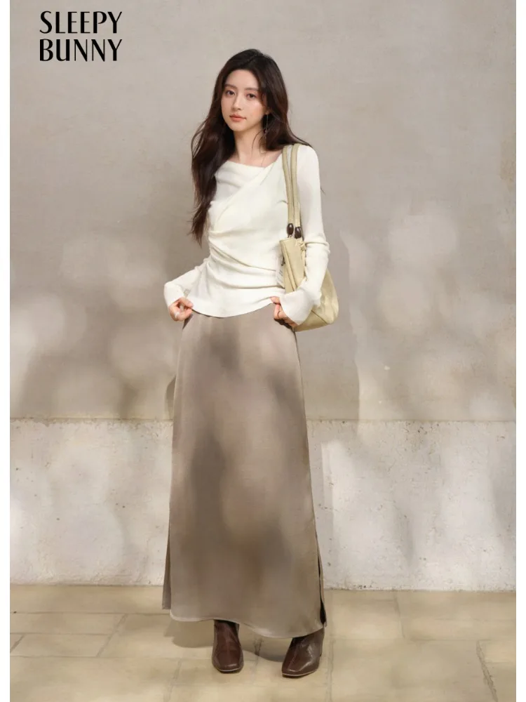 

Satin High Waist Split Midi Skirt Women Elegant Long Slip Skirt Autumn Minimalist Elastic Waist Slim Fit Draped Skirt Daily Look