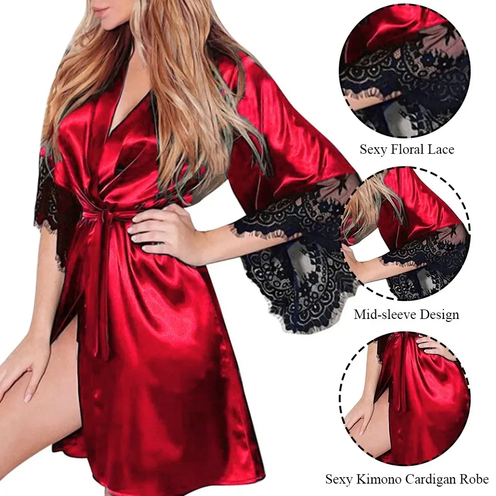 Damen Nachthemd mit G-String, Blumenspitze, Bademantel, Halbarm-Nachthemd, Französischer Sexy Seidiger Satin-Schlafanzug – Detail 3